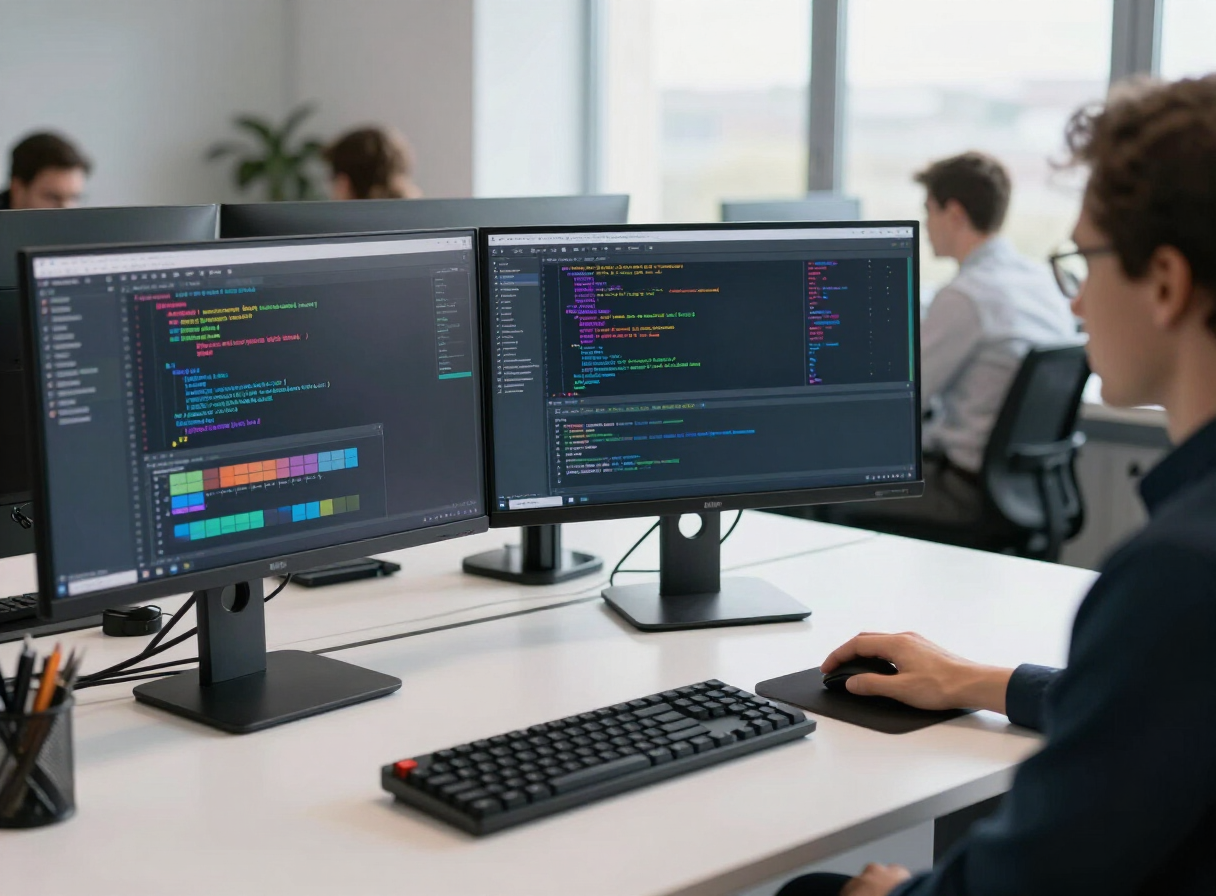 Software developers working on multiple monitors